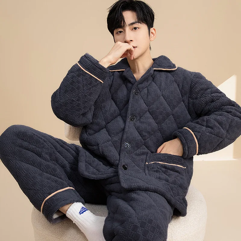 Winter Men's Pajamas Three-layer Padded Jacket Middle-aged and Elderly Coral Fleece Warm Set Thickened Pajamas Set