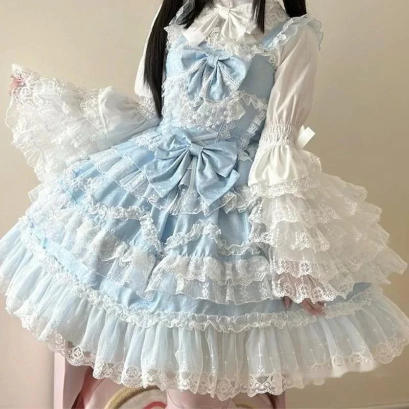 Bow Gothic Dresses Y2K Lolita JK Women Suspender Ruffle Edge Dress Twin Black Red Blue Dark A-line Long Sleeved Suspender Dress