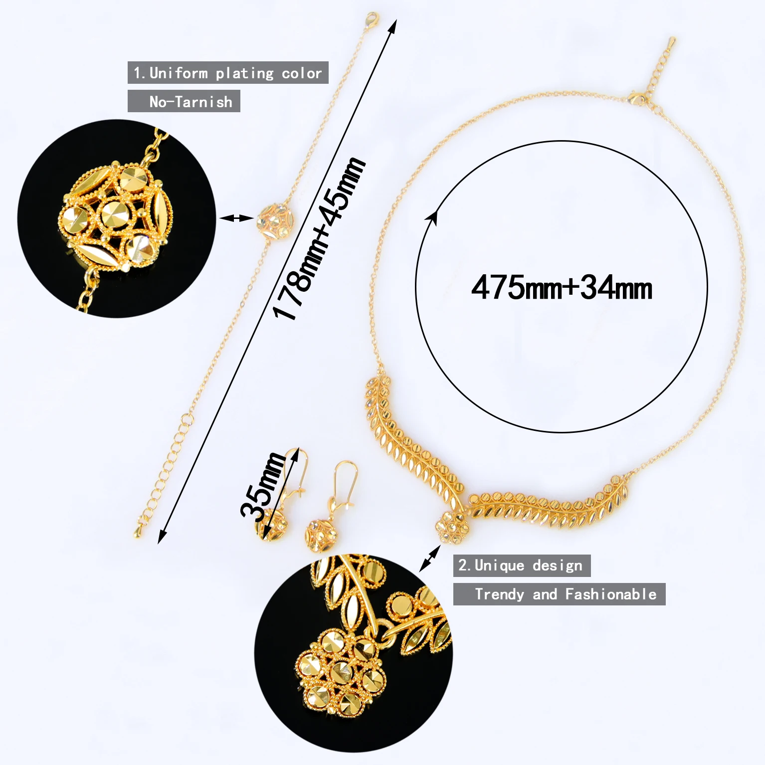 Klassisches Dubai-Gold-Hochzeitsschmuck-Set, 21 Karat vergoldet, Äthiopien, Braut-Halskette, Armband, Ohrringe, Nigeria, Vintage-Schmuck – Detail 2