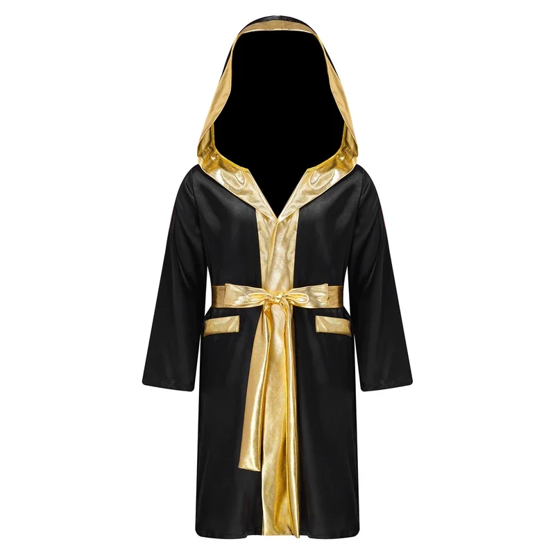 Kids Boys Boxing Robe Halloween Party Boxer Cosplay Costume Long Sleeve Open Front Metallic Trim Satin Hooded Cloak with Belt