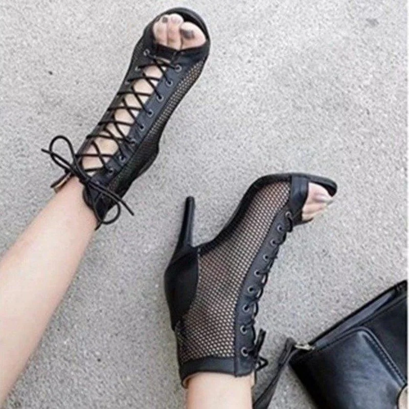 Hollow Mesh Sandals Women Summer 2022 Size 35-43 New Lace-Up Fish Mouth Stiletto High Heels Fashion Party Dance Women\'s Sandals