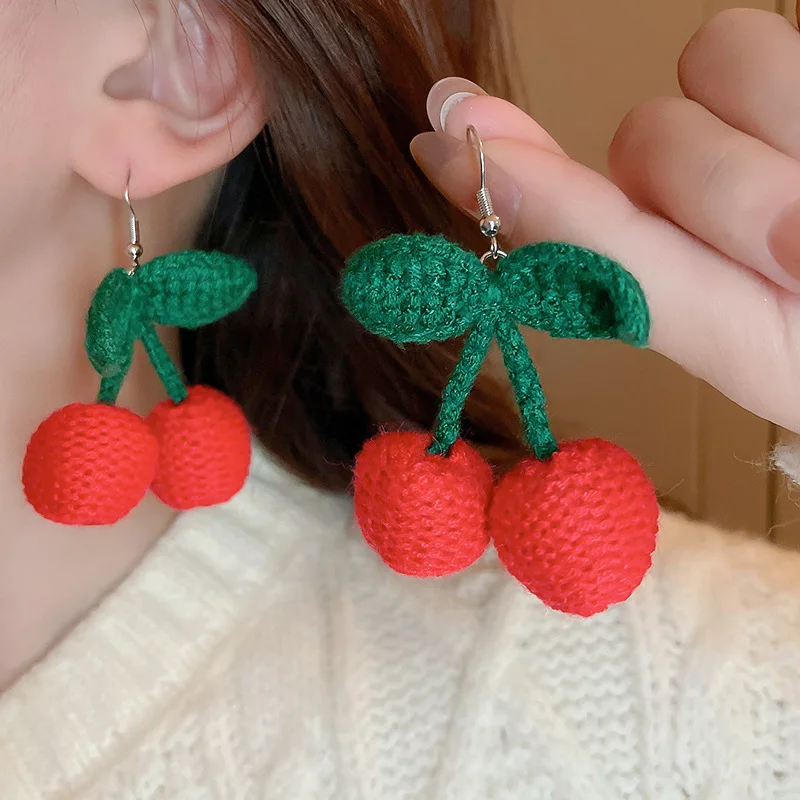 New Sweet Summer Red Knit Cherry Fruit Fashion Long Ear Nail Earrings Fashion Anime Earring For Women Party Jewelry