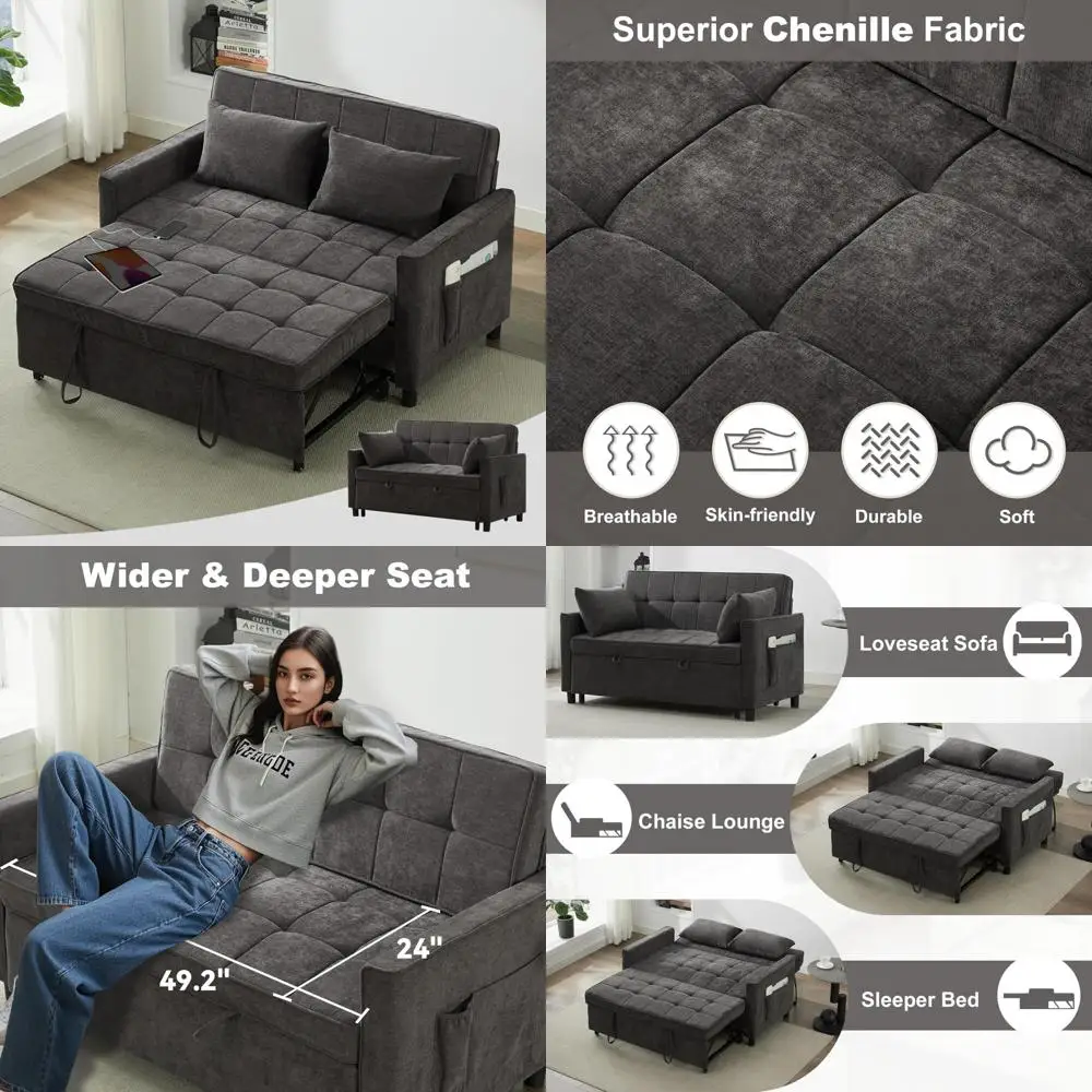 

Convertible Sofa Bed Futon Sleeper Couch with Pullout Bed, Chenille Fabric, USB Port, Adjustable Backrest, Queen Size