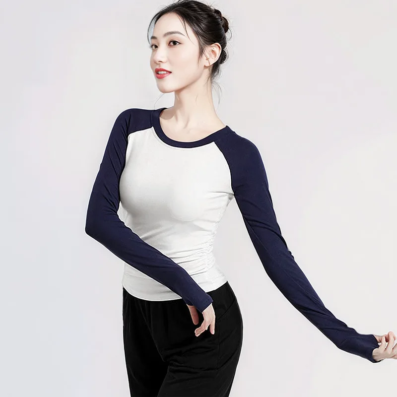 

Modern dance practice clothes autumn and winter contrasting colors long-sleeved yoga tops Chinese dance