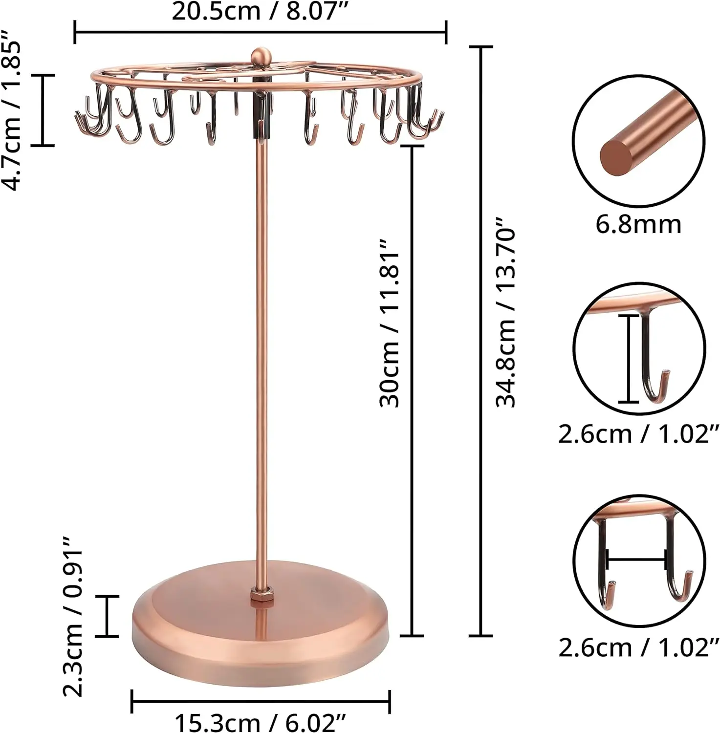 Copper Metal Rotating Jewelery Holder Display Stand (23 Hooks) - Hanging Organiser Tower Rack - Storage for Necklaces & Bracele