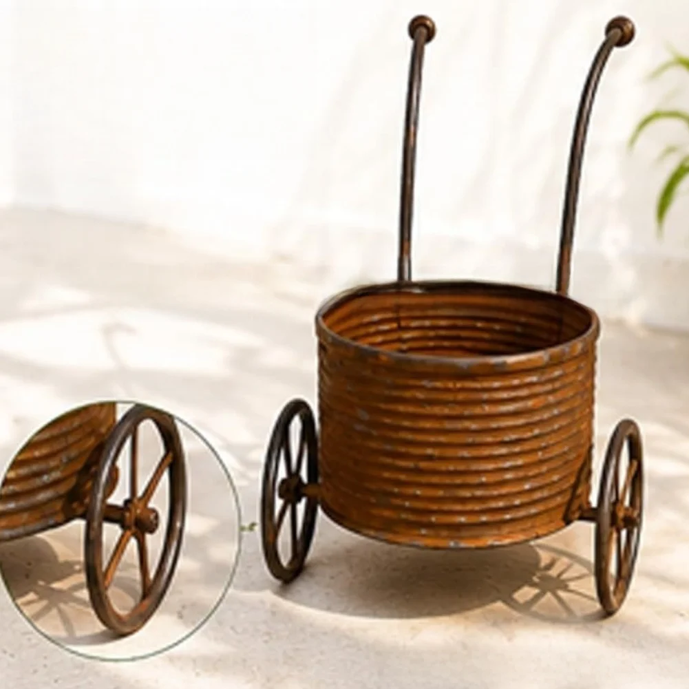 Metal Wheelbarrow Style Plant Container with Rustic Finish Designed for Garden Flowers Herbs and Potted Greenery Display