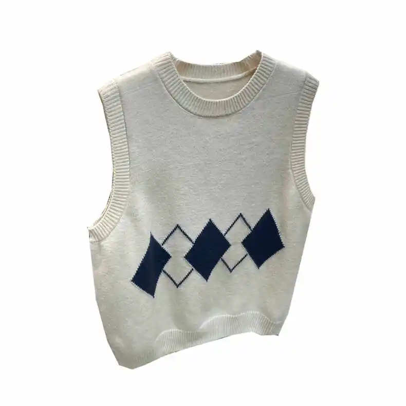 Suéter de punto Extra grande 300 Pou, chaleco holgado para mujer, prenda de punto holgada Retro, camiseta sin mangas con patrón de diamante redondo Ne