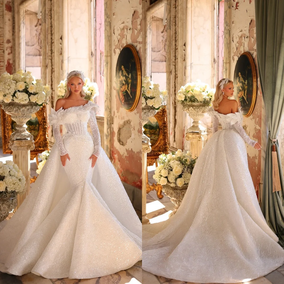 

Glitter Sequined Wedding Dresses Women Full Sleeve Bride Dresses Customized Appliques Floor Length Bridal Gown Detachable Train