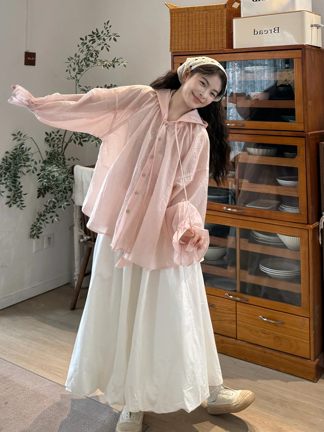 

plus Size Women's Spring Summer Sun Protection Hooded Thin Outerwear Flower Bud Skirt Lazy Gentle Style Pink Open Cardigan Lo...