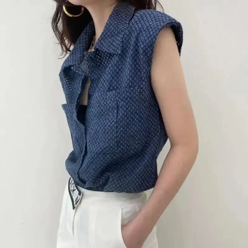 Vintage Denim Jacquard Weave Shirt Summer Casual Loose Female Clothing Streetwear Single-breasted Pockets Stylish Korean Blouse