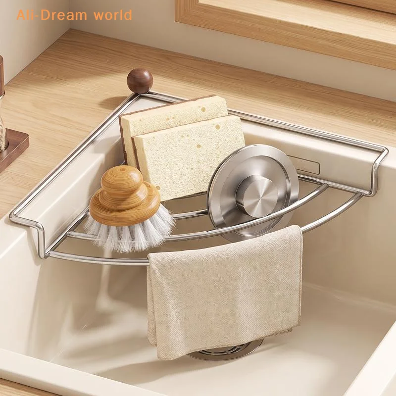 (1 PCS Stainless Steel Corner Sink Drain Rack Kitchen Sponge Holder Dishcloth Organizer Draining Basket)