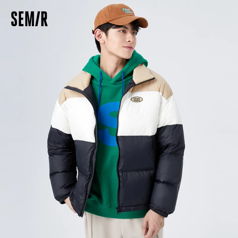 Semir Down Jacket Men Winter Classic Contrasted Color Splicing Letter Print Fashion Daily Loose Jacket