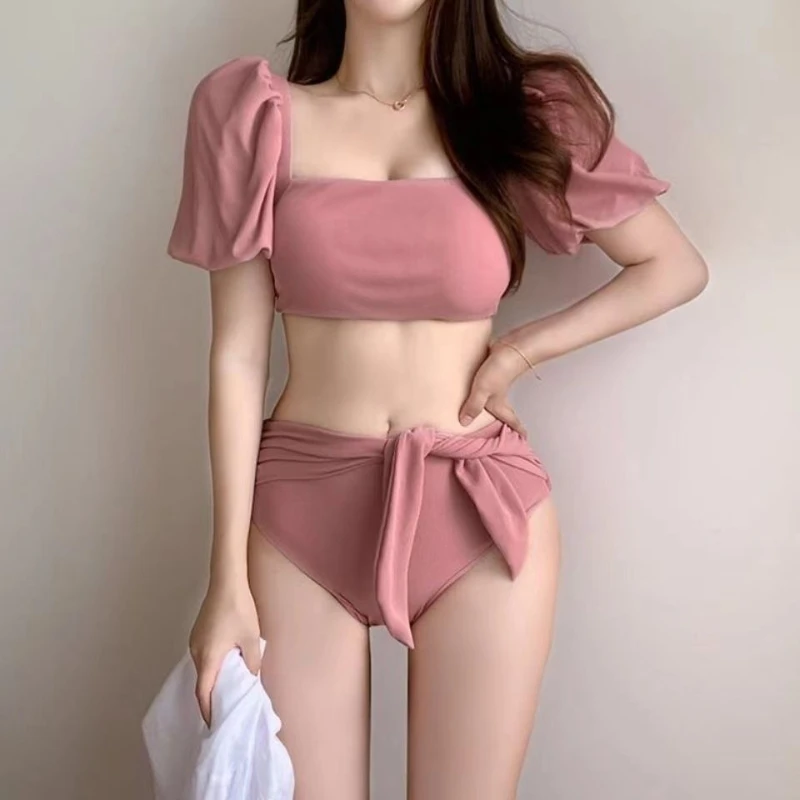 2026 New Women's Pink Bubble Sleeve Bikini Set High Waist Tie Bow Swimsuit Two Piece Bathing Suit Summer Beachwear