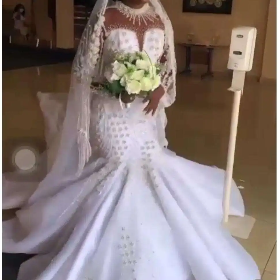 Customized Gorgeous High Neck See Through Full Appliques Beads Wedding Dress Chapel Train Long Sleeves Plus Size Corset Back