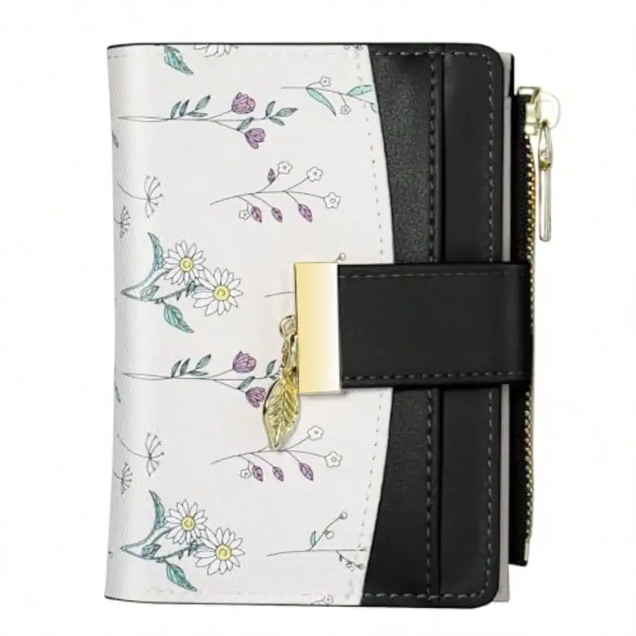 

For Wen- RFID Blocking- Oft PU Leather Bifold Coin Zipper Pocket Pure-Mall Flower Credit Card Holder With ID Ow Black