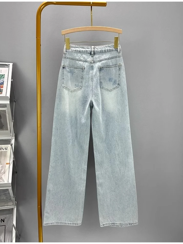 Summer High Waisted Distressed Floor Mopping Jeans Women Korean Casual Loose Butterfly Nail Drill Painted Denim Wide Leg Pants