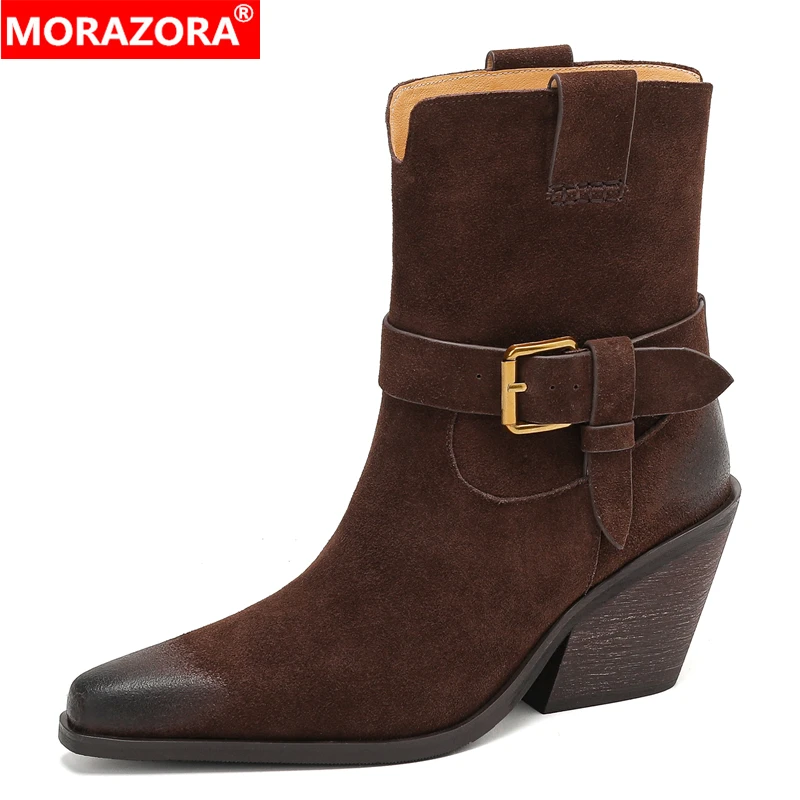 

MORAZORA 2026 New Cow Suede Leather Western Boots Women Slip On Block High Heels Cowboy Boots Buckle Retro Ankle Booties