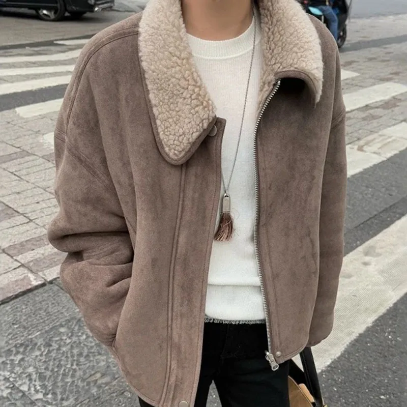 Chaqueta de piel de estilo coreano para mujer, abrigo corto informal holgado y cálido de gamuza de lana de cordero para invierno, abrigo Echtpelz de ambos lados