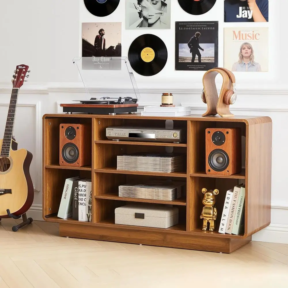 47'' Large Record Player Stand with Vinyl Storage | 5-Tier AV Media Stereo Cabinet, Curved Vinyl Record Storage Cabinet, Turntab