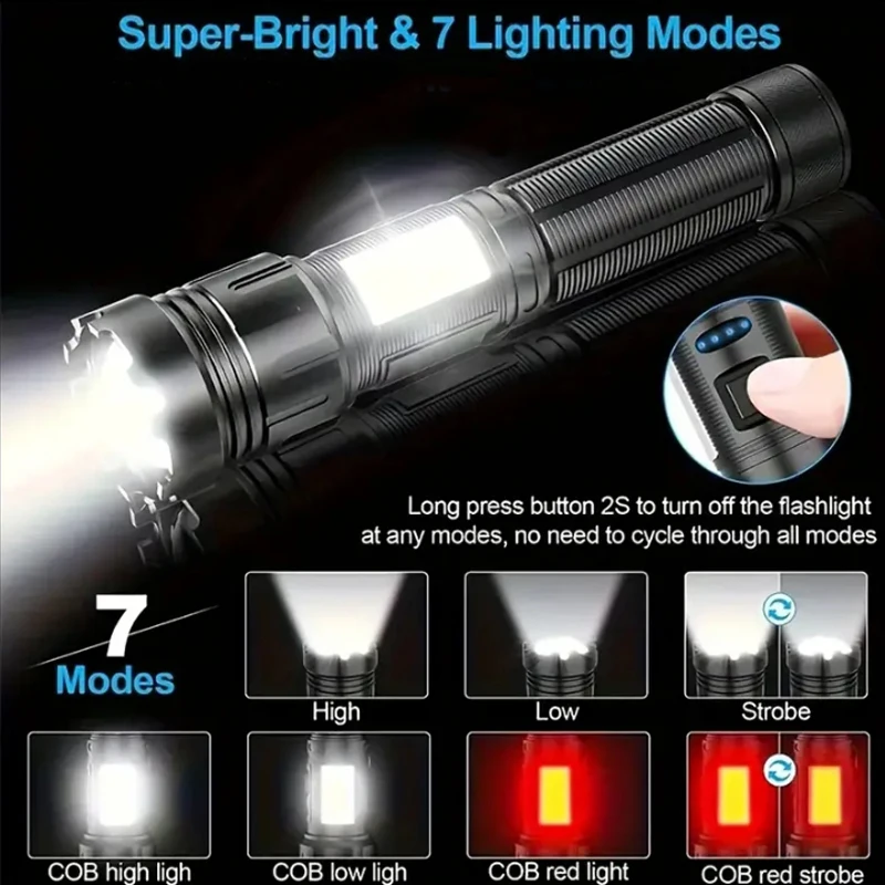 USB Rechargeable LED Flashlight 2000LM Ultra-bright Flash Light 7 Modes with COB Light Telescopic Zoom Magnetic for Camping