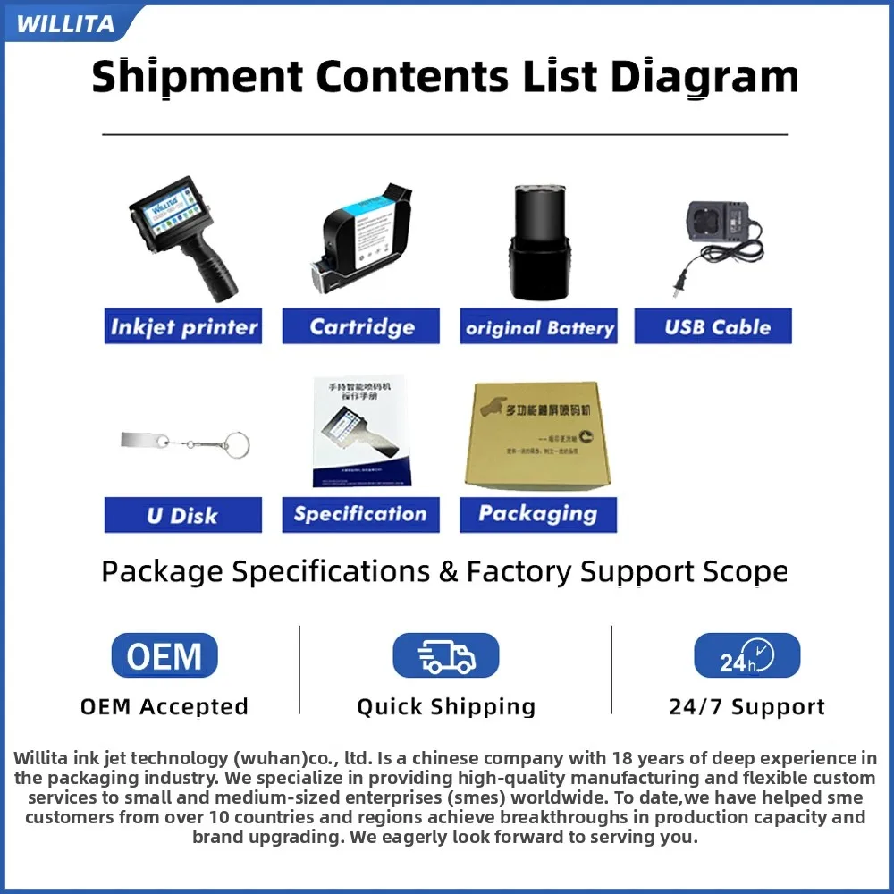 WILLITA WK800 Draagbare Handheld Inkjetprinter Datum Batchnummer Logo Afbeelding Tekst Barcode QR-code 12,7 mm Inkjet Codeermachine