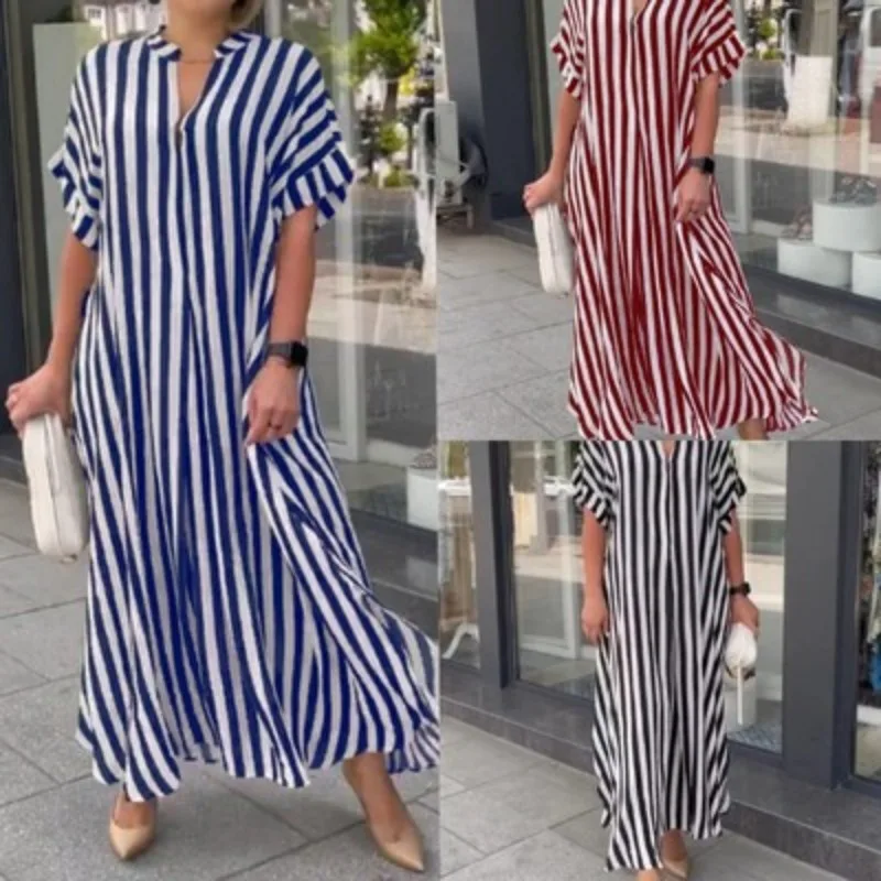 

Women's fashion casual temperament V-neck side slit stripes loose casual short-sleeved dress long skirt