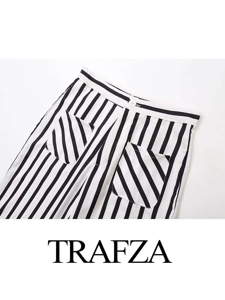 TRAFZA Summer Women Elegant Suits Stripe Printing Sleeveless Lace-Up Decorate Blouses+Button Pocket Casual Wide Leg Pants Mujer