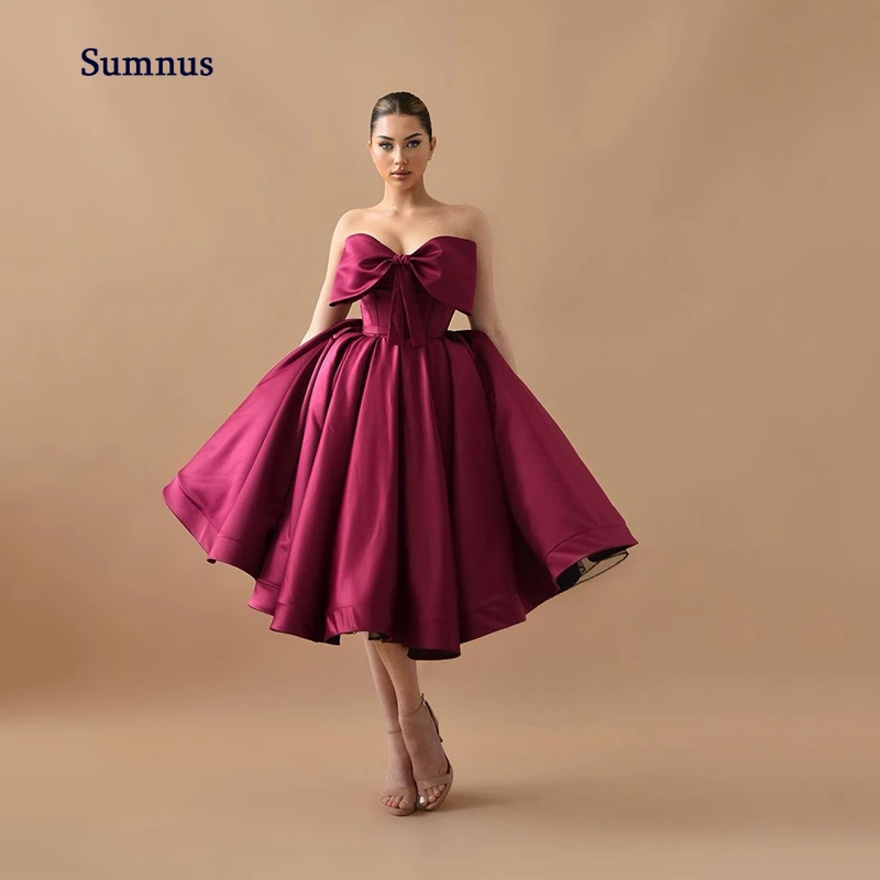 

Sumnus Burgundy Tea-Length A-Line Evening Dresses Elegant Sleeveless Prom Dress Big Bow Satin Party Gowns Vestidos De Fiesta