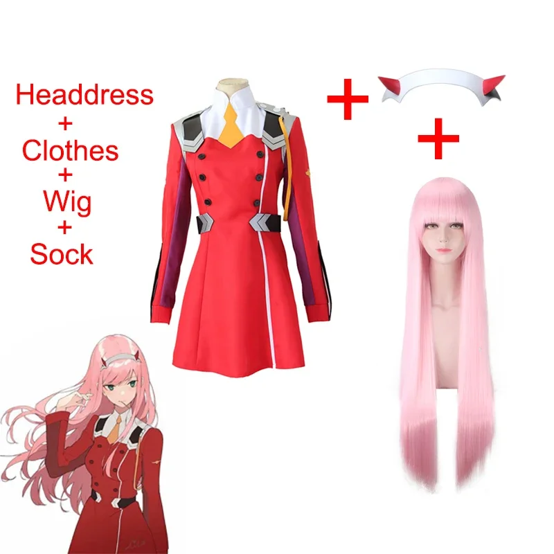 Querido no franxx code002 completo cosplay traje saia inclui meias pretas peruca cocar roupas de halloween para mulher