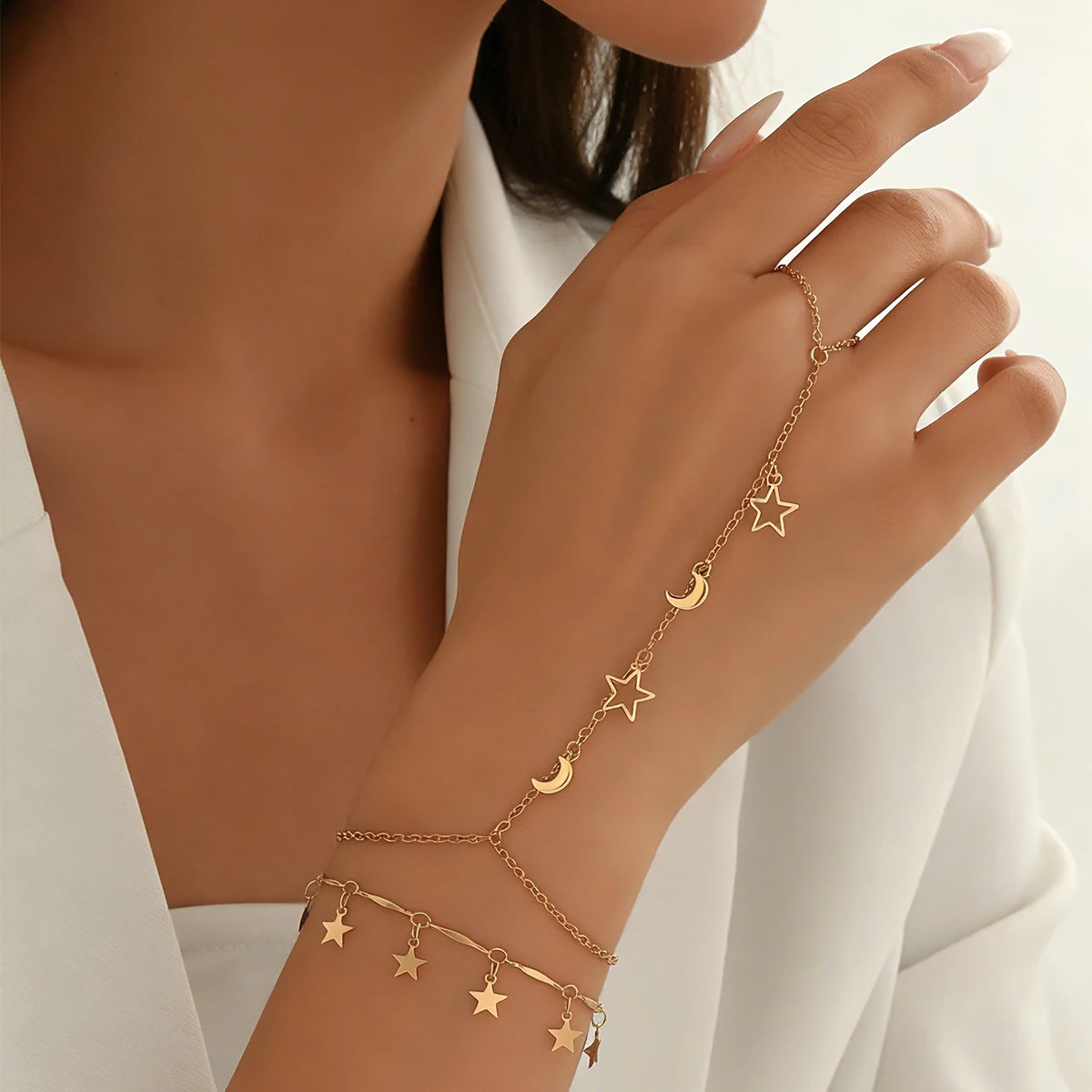2pcs/Set Fashionable & Elegant Star & Moon Tassel Multi-Layer Stacked Finger Ring Bracelet Set, Suitable For Women's Daily Wear