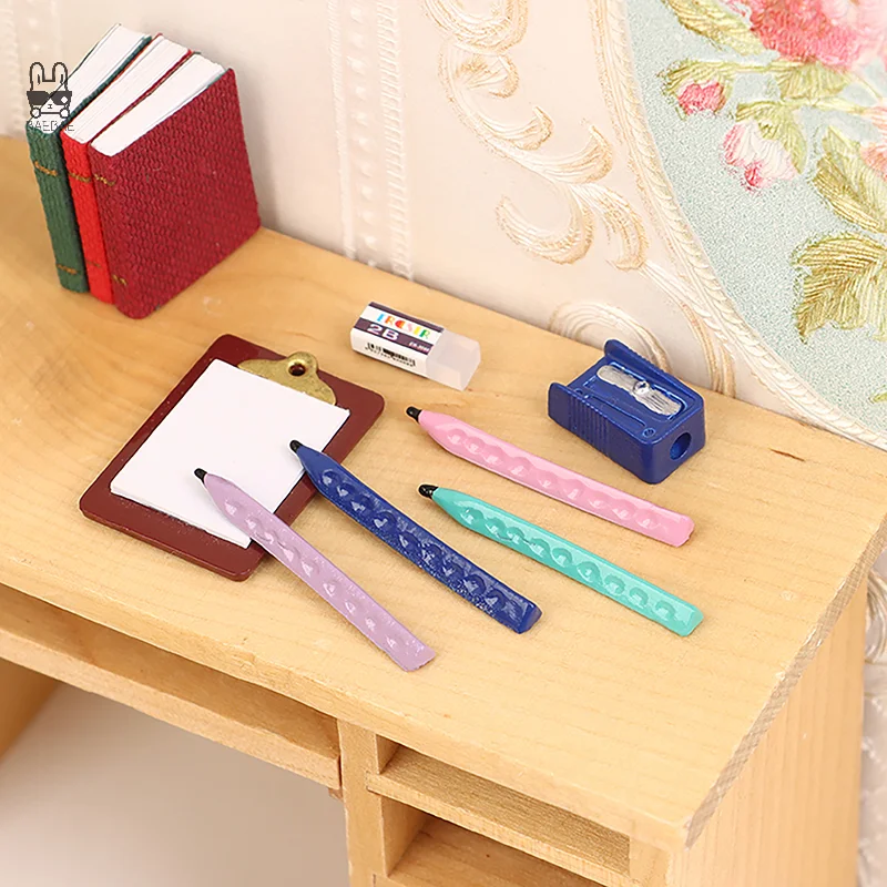 1/12 Dollhouse Simulation Pencil Eraser Sharpener Set Dollhouse Mini Study Stationery Decoration Dolls House Accessories Toys