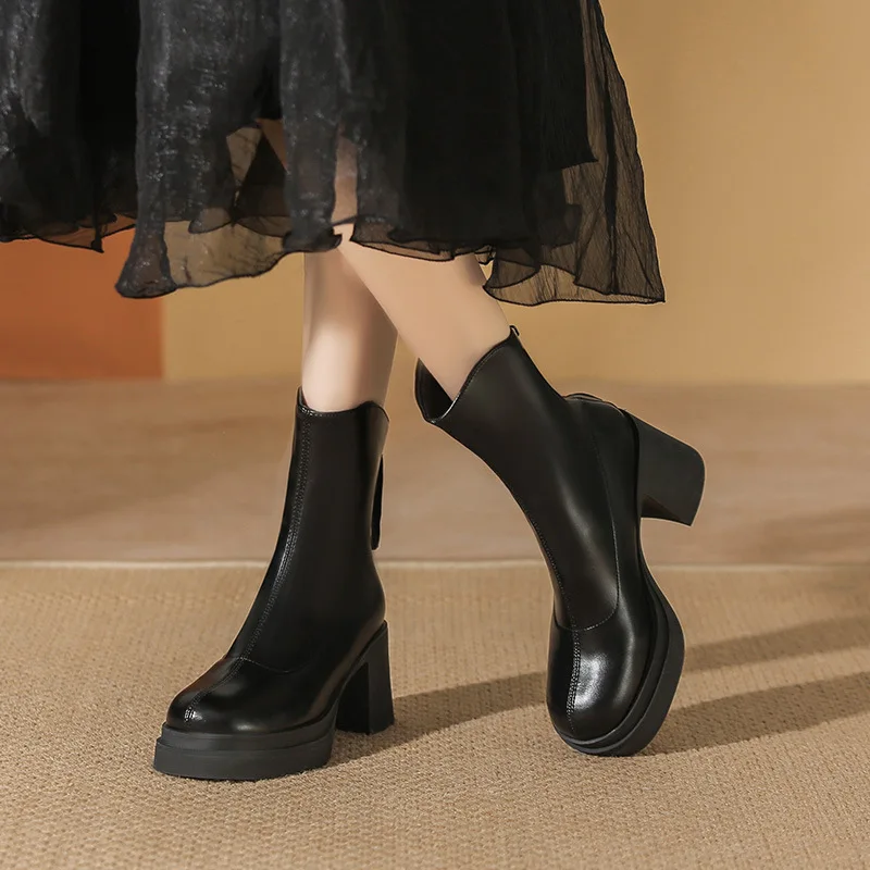 

Design Simple Elegant Women Round Toe Ankle Boots Black White Leather Chunky Heel Platform Booties Party Shoes Short Boots YF014