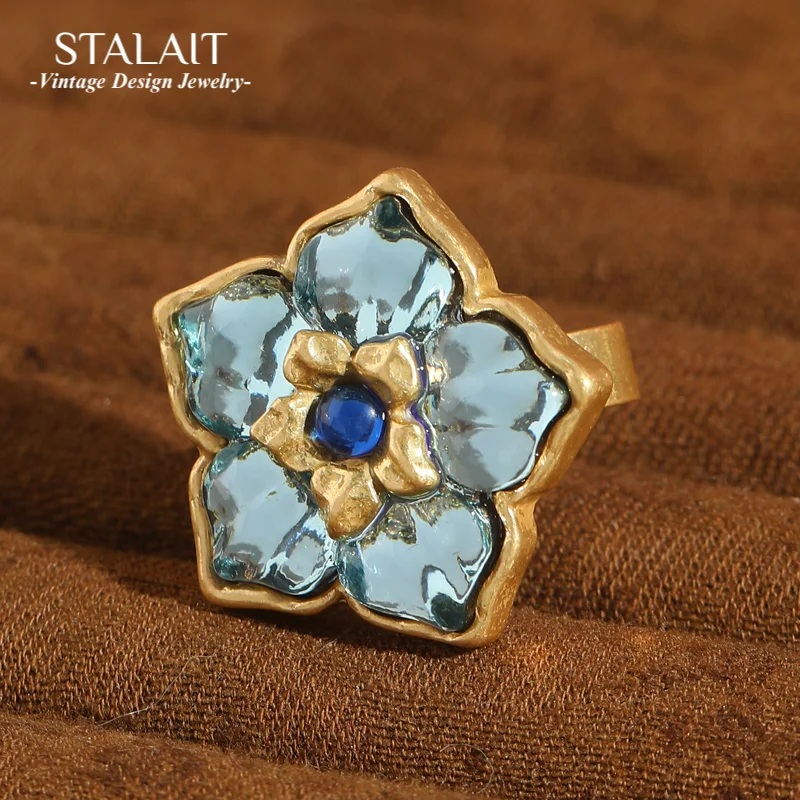 Винтажные кольца с цветком для женщин, голубой кристалл