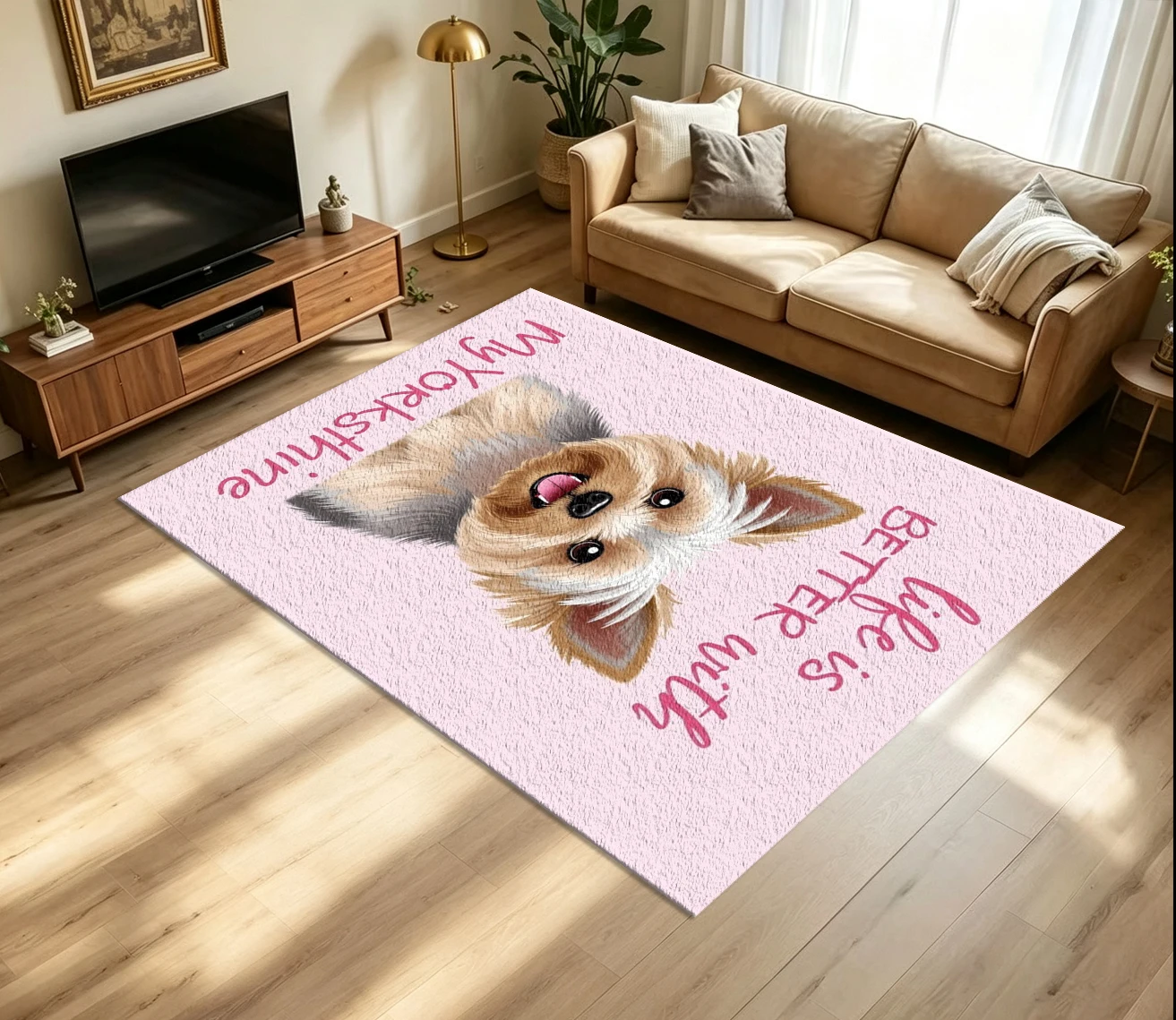 Cute Yorkshire Terrier Dog Art Carpet Flooring Pink Background Lovely Pet Puppy with Quote Text Printed Floor Rug for Household Indoor Sweet Home Decoration