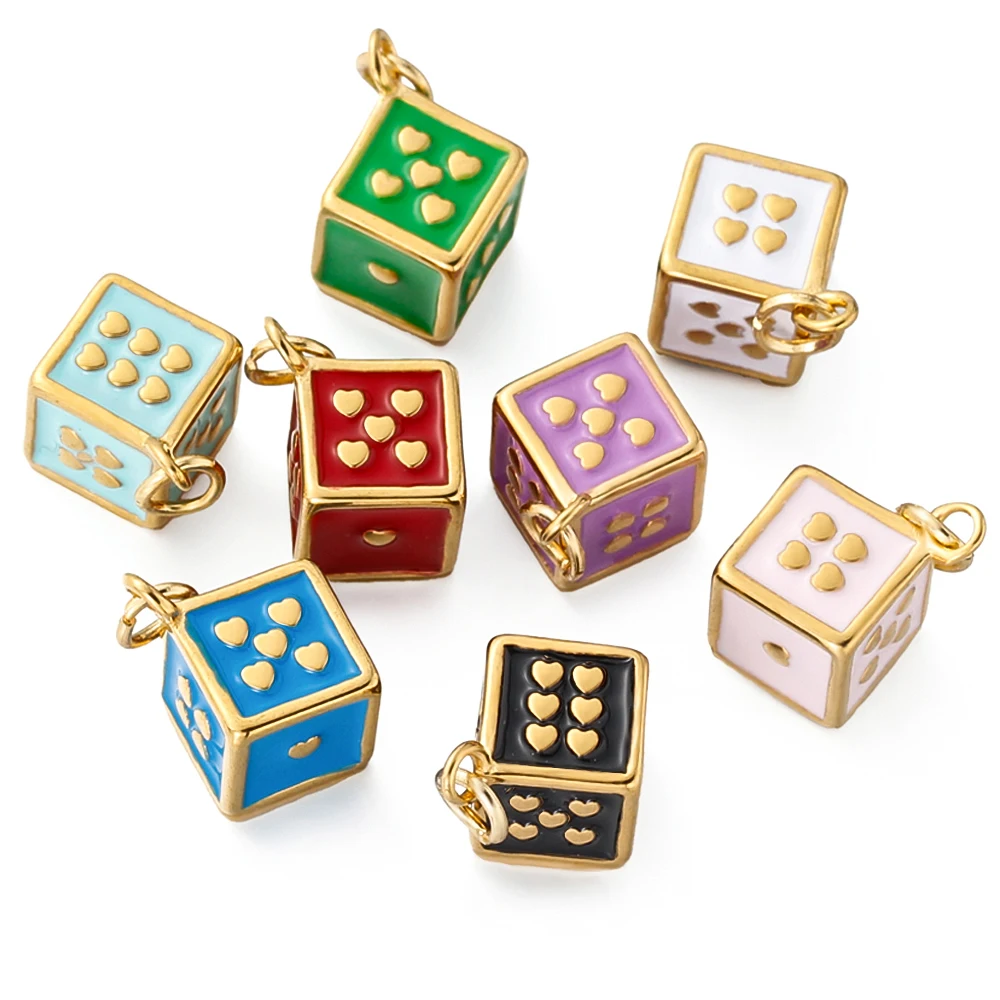 

2pcs Solid Stainless Steel Enamel Dice Charms Cube Pendants for DIY Necklace Bracelet Earrings Keychain Jewelry Making Supplies