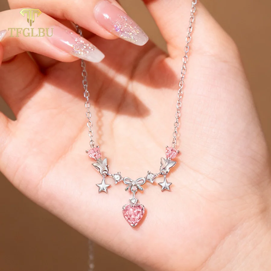 

Exquisite Sweet Pink Zircon Bowknot 925 Sterling Silver Love Heart Chain Necklace for Women Girls Party Birthday Jewelry Gifts