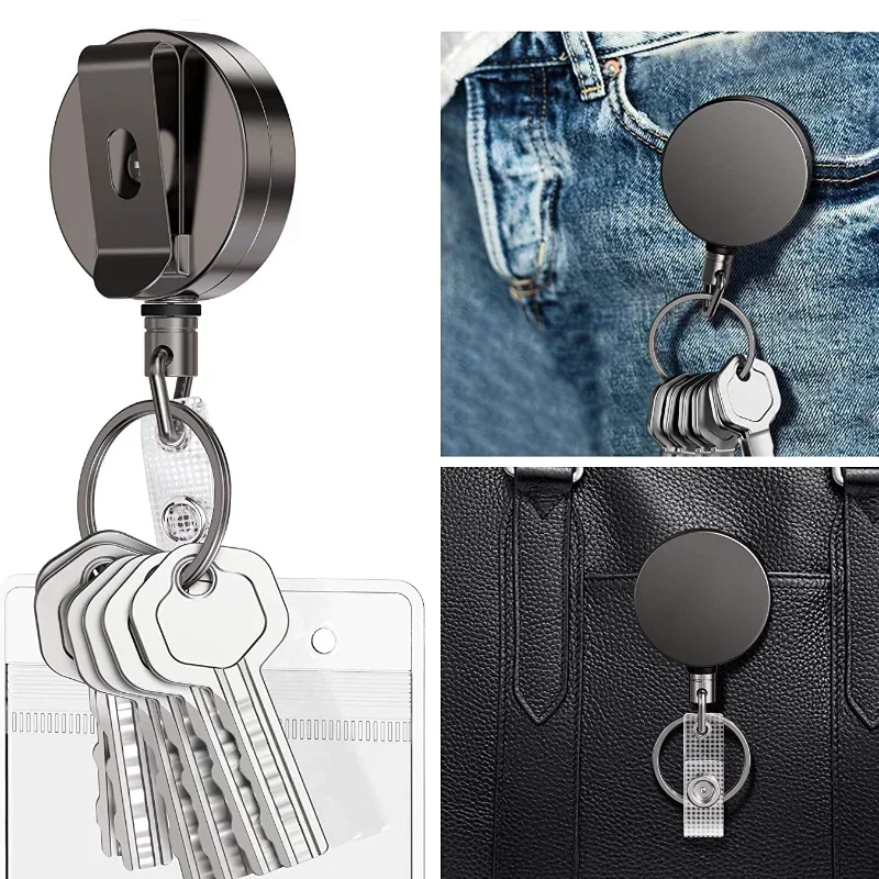 1pc Metal Keychain Badge Reel Badge Holder Pass Card Clip Keyring Retractable Easy Pull Belt Recoil Keyring Working Permit Clip