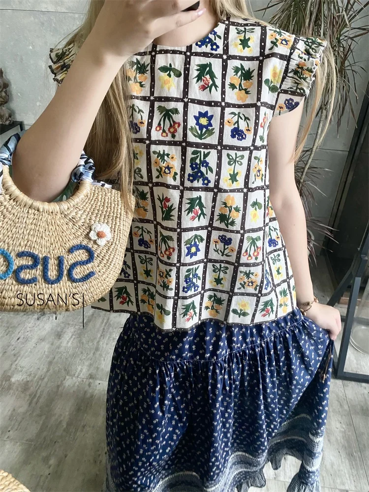 

Susan Faionable Retro Plaid Embroidered Print Cotton Linen ort Sve Women's T-irt Floral Print Commute Sle Loose Fit