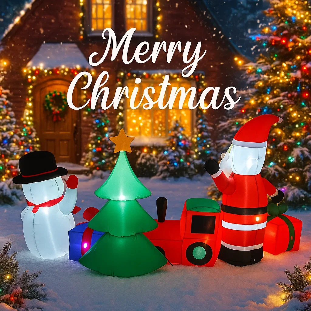 8.85FT Inflatable Toy Christmas Decor Set Santa Claus Snowman Train Xmas Yard Decorations Supplies LED Lit Home Ornaments Gift