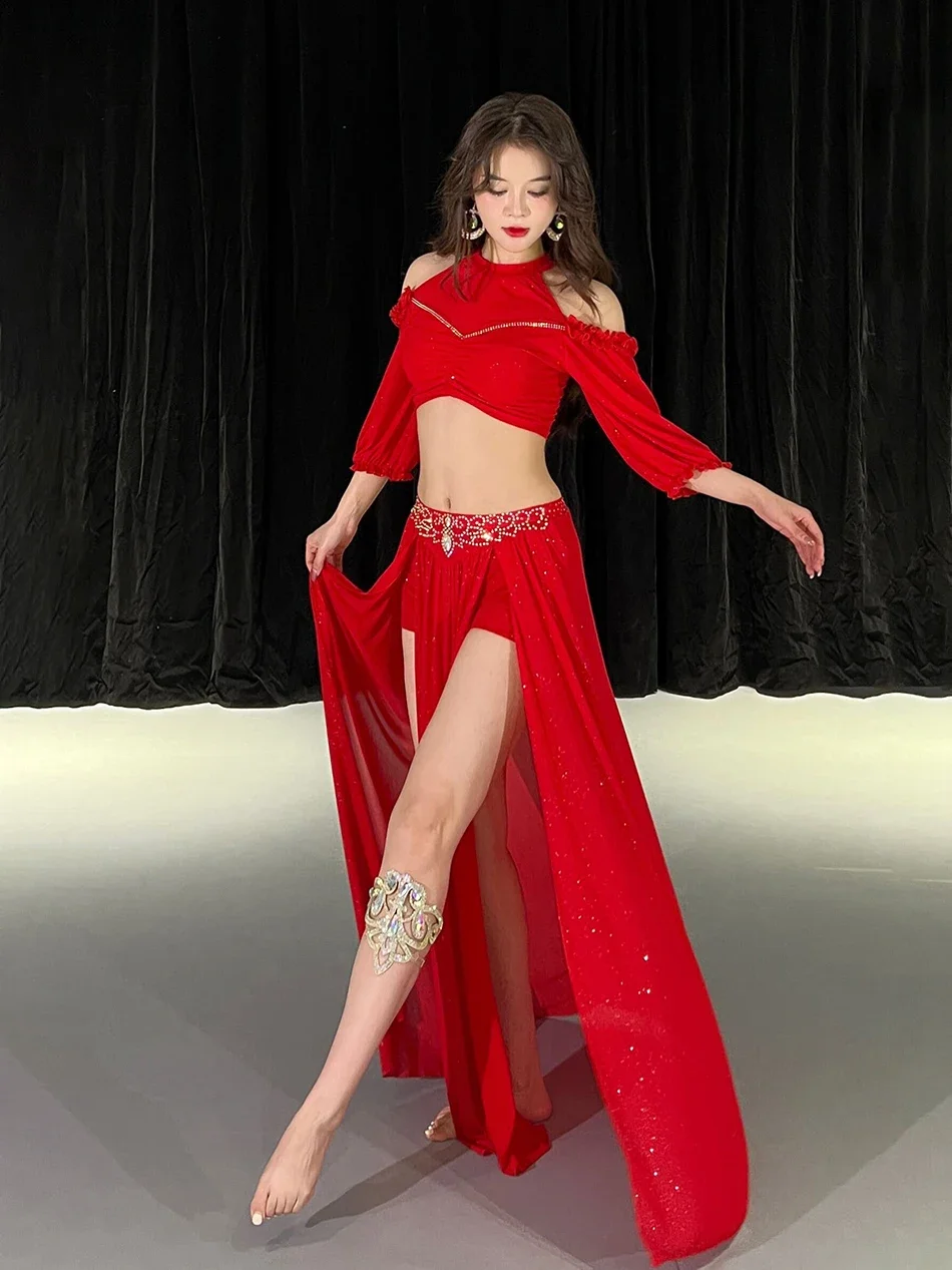 for Women 2 Pieces Set Belly Dance Costume Top + Skirt Mesh Stage Performance Practice Clothes Dance Outfit Clothings Suit