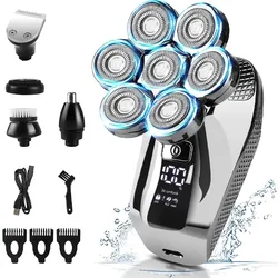 Barbeador de cabeça 5 em 1 para homens 7D, barbeador de cabeça careca sem fio, navalha elétrica à prova d'água úmida e seca para homens com display LED Kit de aliciamento