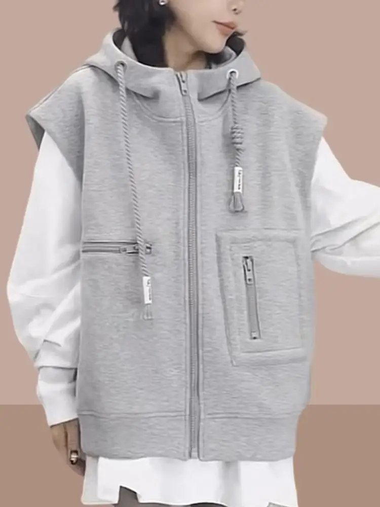 Spring Autumn Cargo Jacket Sleeveless Cardigan Women Vest Zipper Sweatshirt Pocket Casual Sweatshirts Coats Short Tops Thin Coat