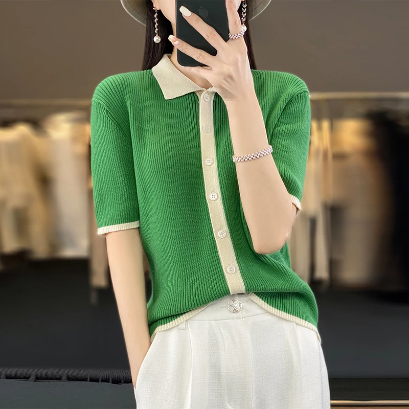 100% bawełniany t-shirt damski kołnierzyk Polo Color Block kardigan z krótkim rękawem 2023 letni nowy sweter z dzianiny luźna moda Top