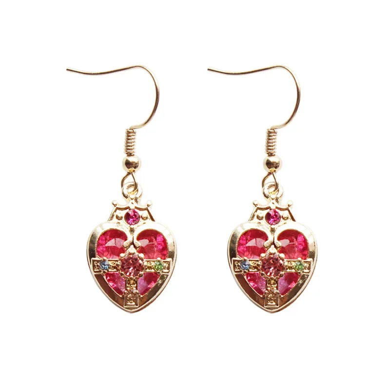 Image of Card Captor Sakura Rhinestone Pink Cross Heart Earrings for Women Japanese Anime Girls Star Moon Cosplay Wand Earring