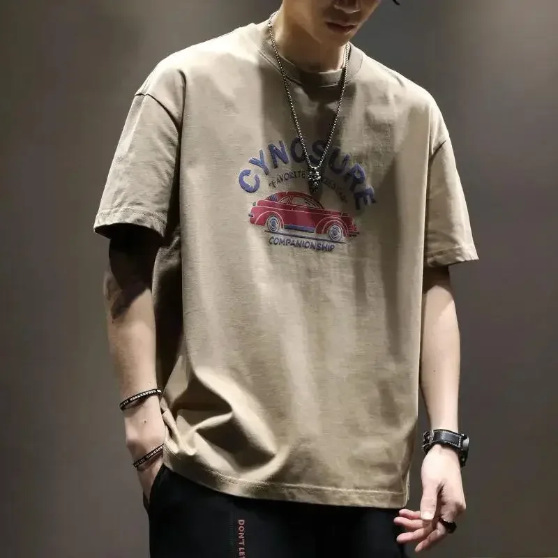 Cotton Heavy Duty Men's T-shirts Casual Trendy Korean Style Short Sleeve O-neck Printed T-shirts Male
