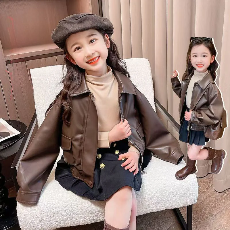 Spring Autumn Girls PU Leather Jacket Fashion Motorcycle Style Lapel Zipper Jacket 1-14 Years Kids Short Cool Outerwear