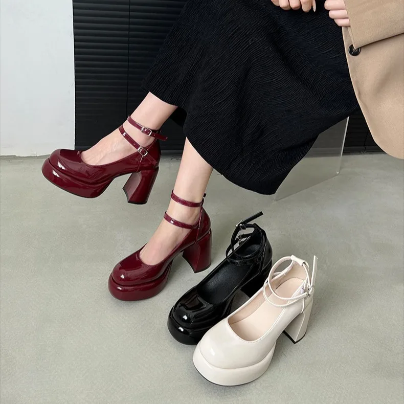 African Woman Shoe Square Toe Beige High Heels Mary Jane Basketball Platform 2024 Chunky Sandals Burgundy 12cm Lolita Latest Blo