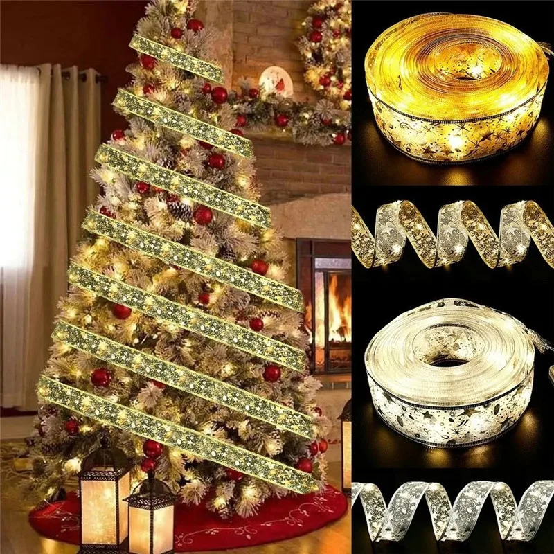 Christmas Decoration LED Ribbon Fairy Lights Christmas Tree Ornaments for Home 2025 DIY Bows Light String Navidad New Year 2026