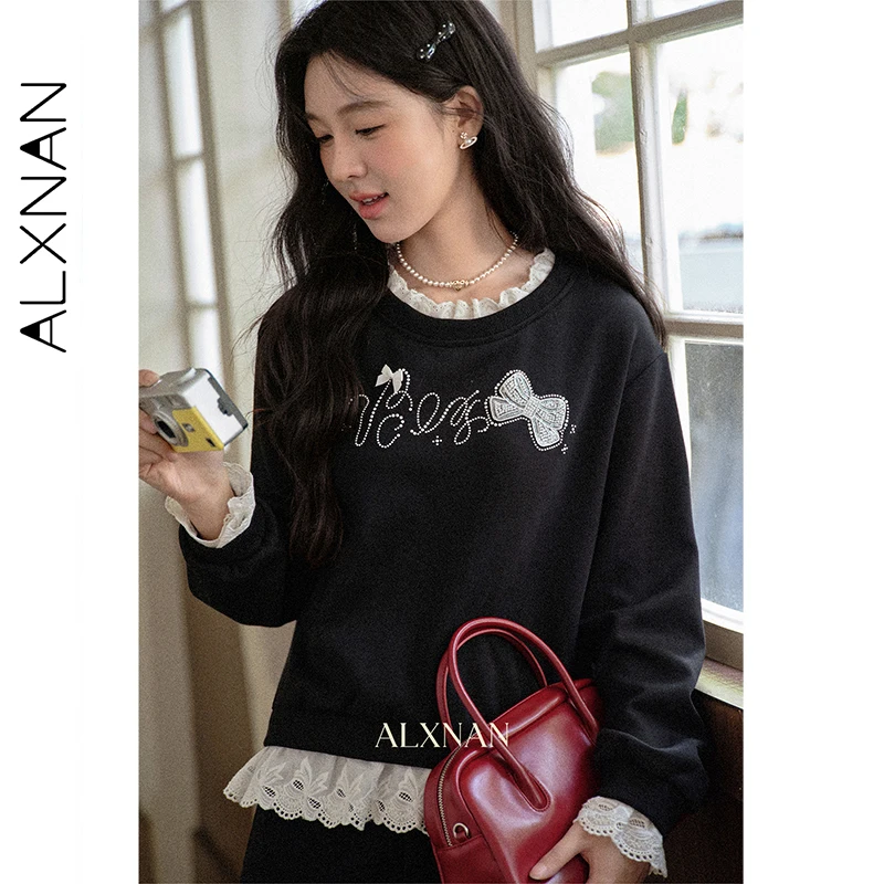 ALXNAN Women's Black Sweatshirt Round Neck Long Sleeve Hoodies Autumn Lace Stitching Bow Beading Design Loose-fit Top L569118