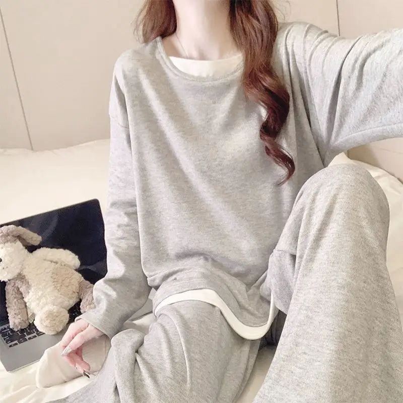 Young Girls Pajamas Autumn Winter Women Student Round-neck Warm Loungewear Girls Long-sleeve Cashmere Tops Woman Casual Homewear